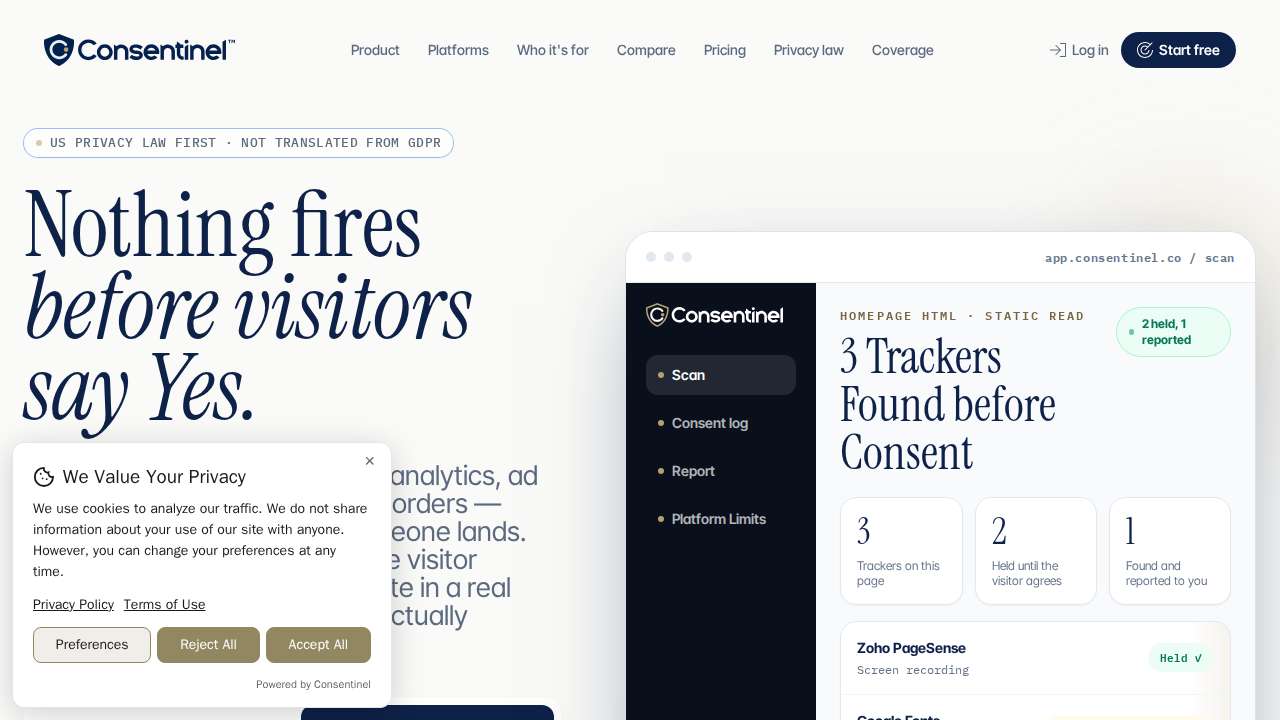 The report's opening page: a screenshot of the site as a first-time visitor saw it, with the consent banner in place